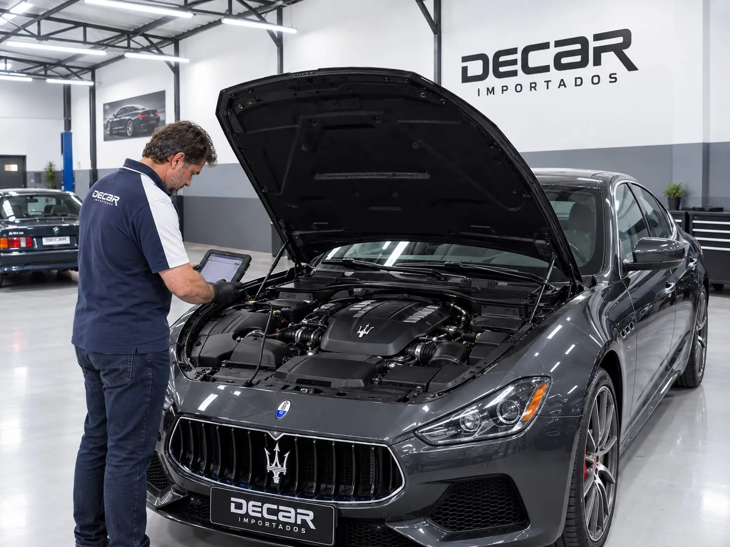 Técnico da Decar fazendo diagnóstico eletrônico em uma Maserati Ghibli